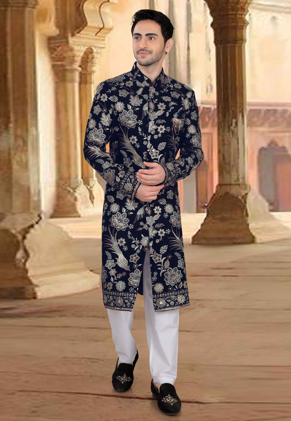 Navy Blue Velvet Pakistani Sherwani 309085