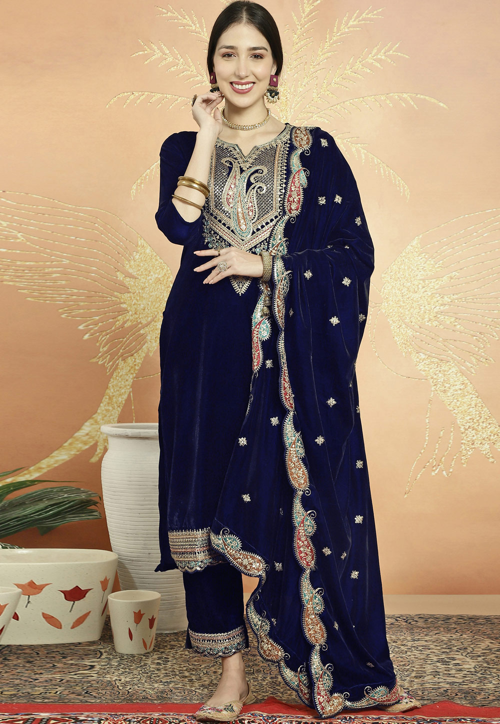 Navy Blue Velvet Pakistani Suit 309919