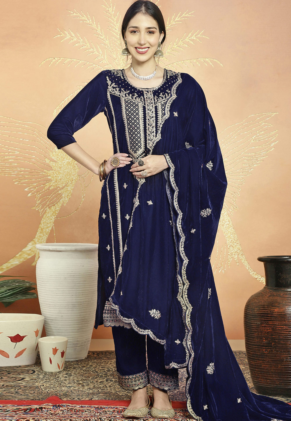 Navy Blue Velvet Pakistani Suit 309923