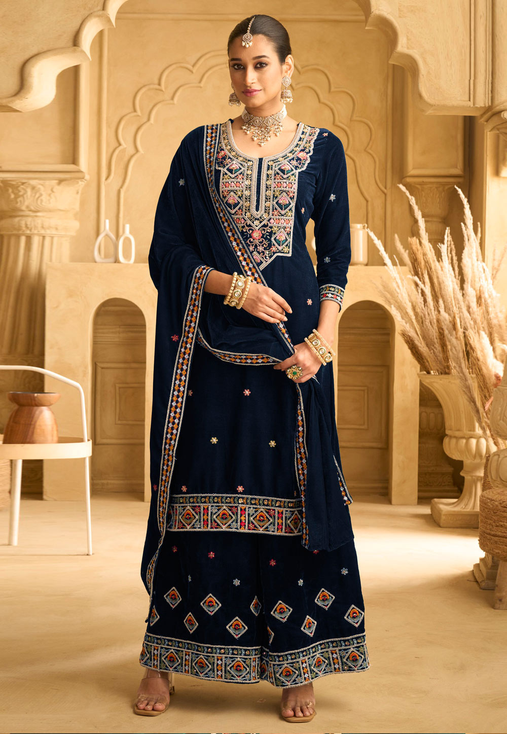 Navy Blue Velvet Pakistani Suit 309595