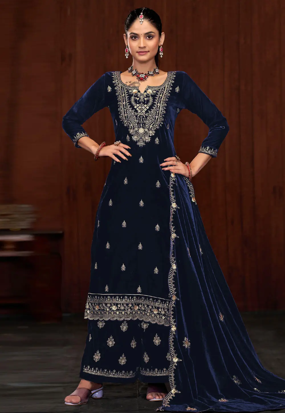 Navy Blue Velvet Palazzo Suit 300878