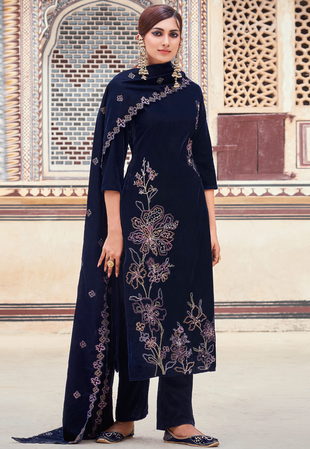 Navy Blue Velvet Pant Style Suit 311098