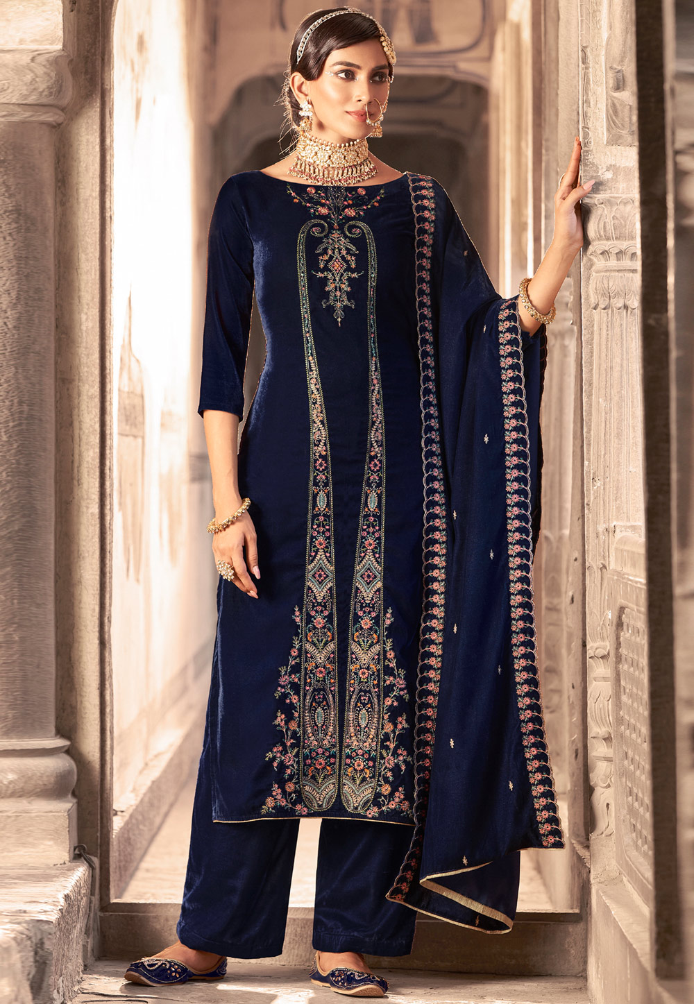 Navy Blue Velvet Pant Style Suit 311104