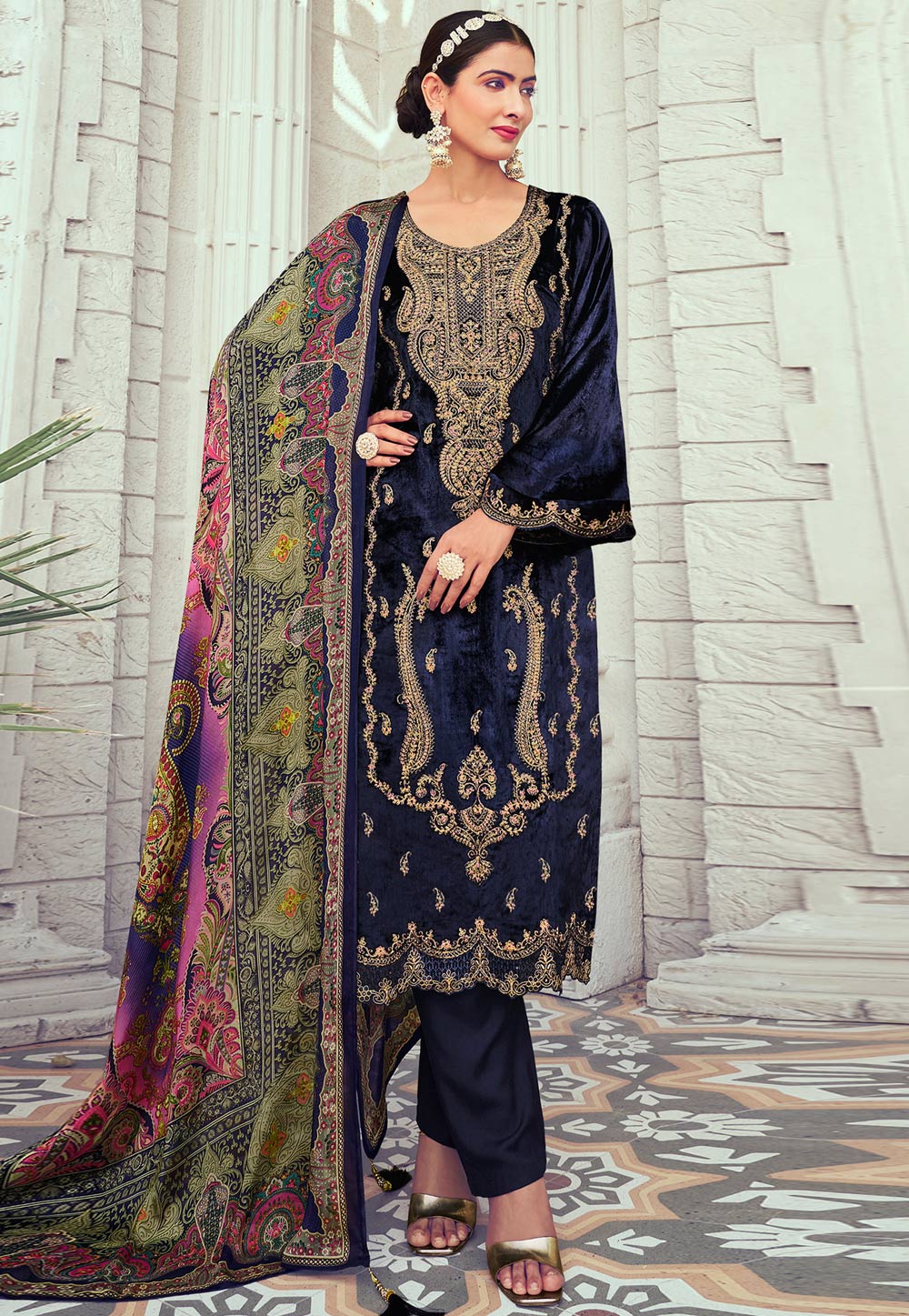 Navy Blue Velvet Pant Style Suit 309875
