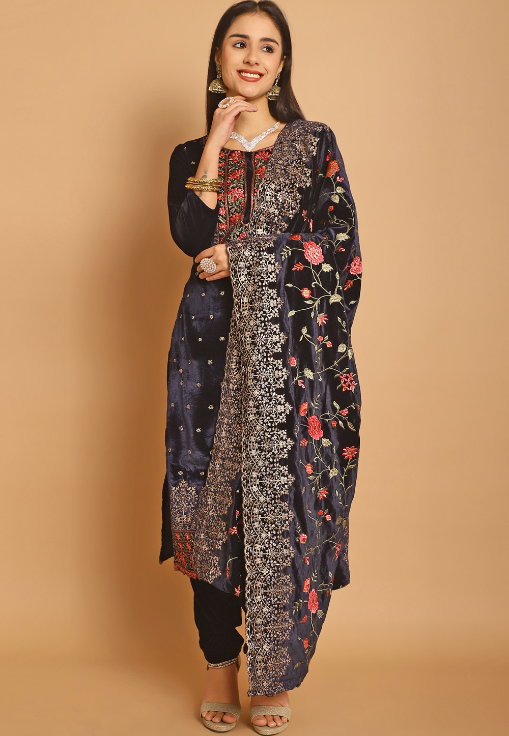 Navy Blue Velvet Pant Style Suit 309890