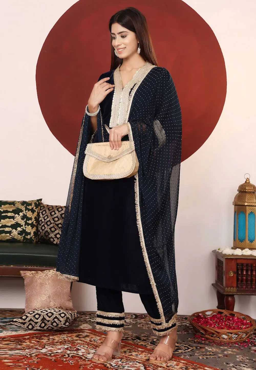 Navy Blue Velvet Readymade Pakistani Suit 303859