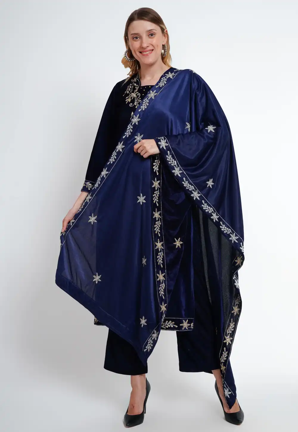 Navy Blue Velvet Readymade Pakistani Suit 290041