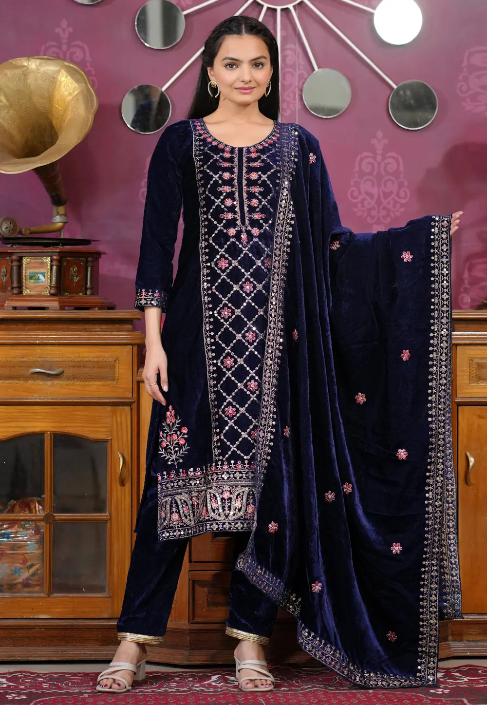 Navy Blue Velvet Readymade Pant Style Suit 302625