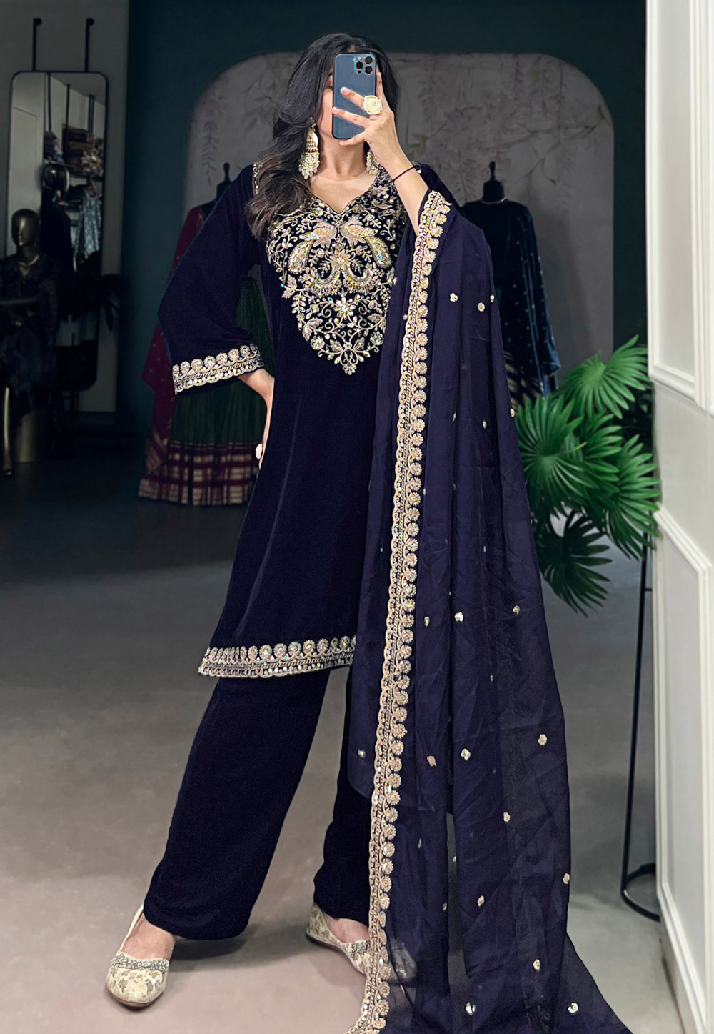 Navy Blue Velvet Readymade Pant Style Suit 310750