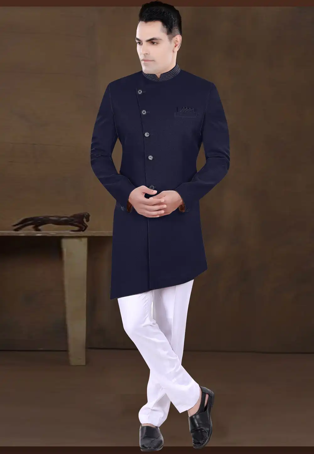 Navy Blue Viscose Indo Western Sherwani 292230