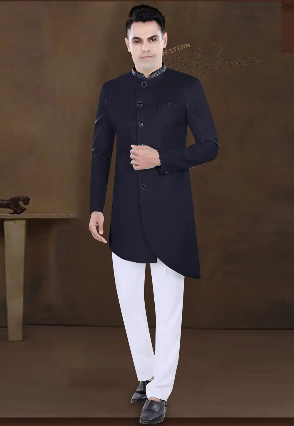 Navy Blue Viscose Indo Western Sherwani 292236