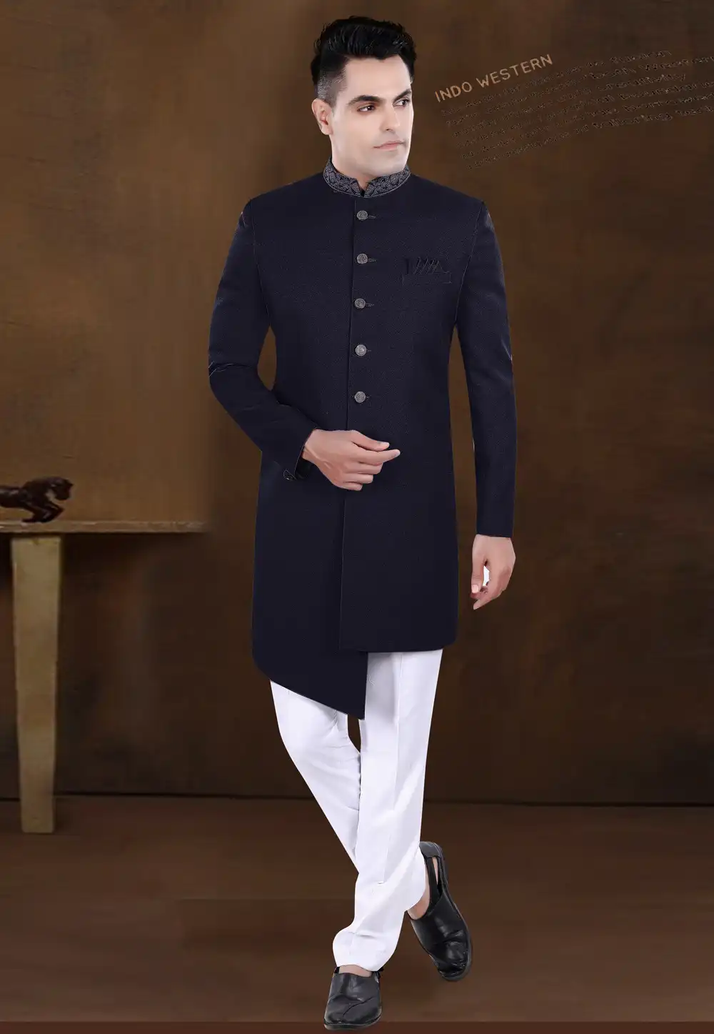 Navy Blue Viscose Indo Western Sherwani 292242