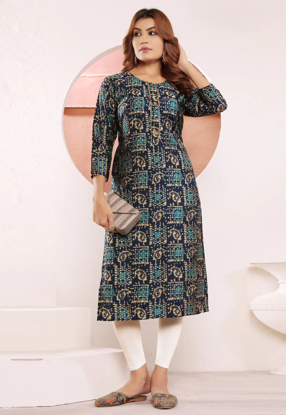 Navy Blue Viscose Printed Long Kurti 299033