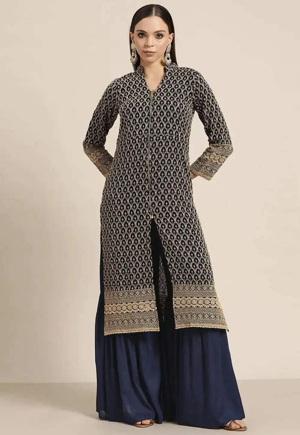 Navy Blue Viscose Rayon Kurta Set With Sharara 288475