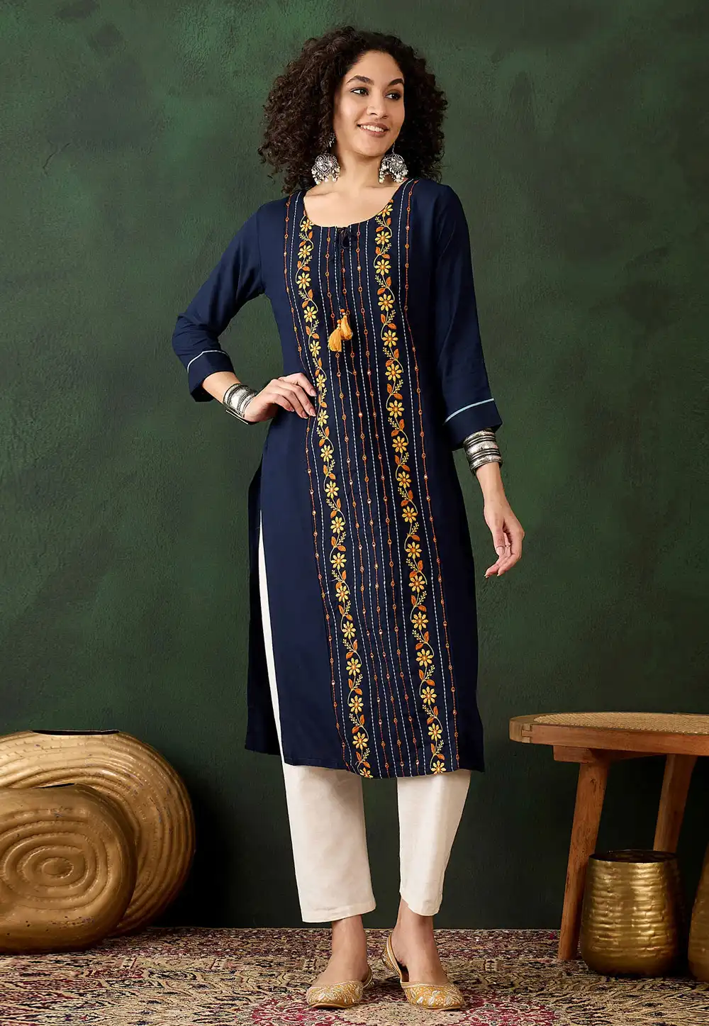 Navy Blue Viscose Rayon Long Kurti 293681