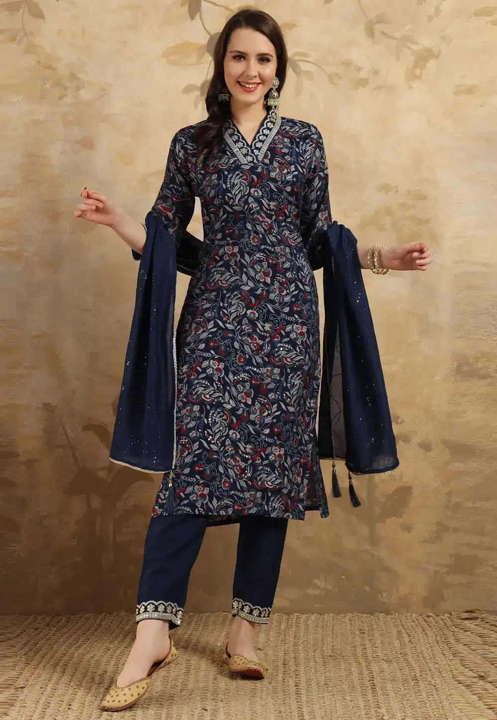 Navy Blue Viscose Readymade Pant Style Suit 293965