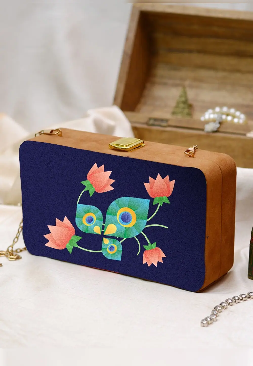 Navy Blue Wooden Clutch 299006