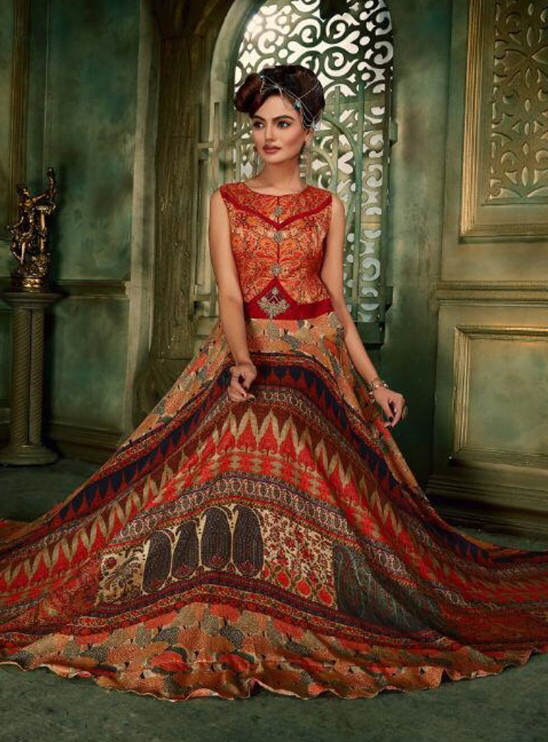 Orange Silk Readymade Printed Gown 144588
