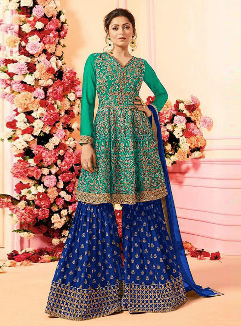 Drashti Dhami Sea Green Georgette Sharara Style Suit 148145