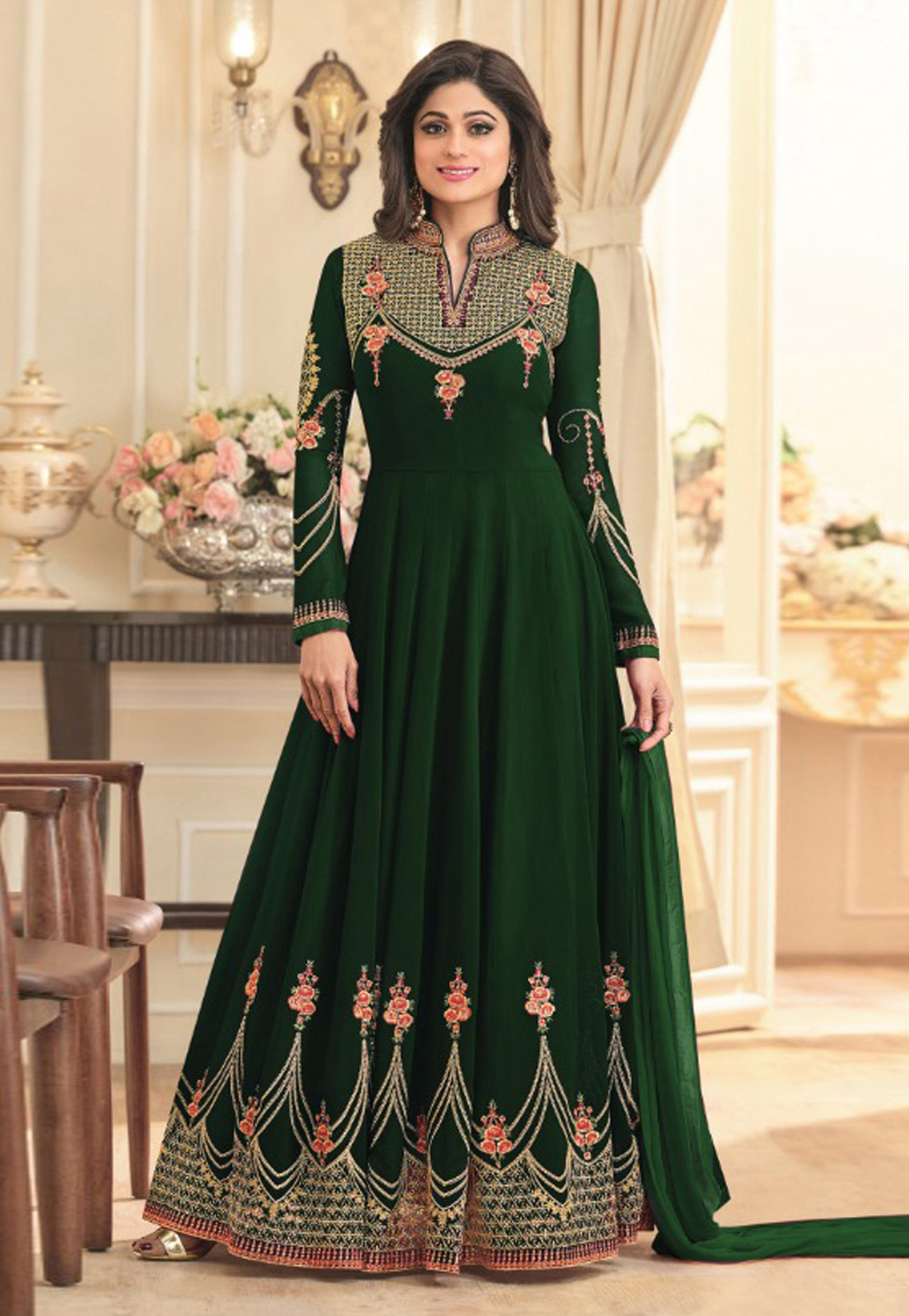 Shamita Shetty Green Faux Georgette Long Anarkali Suit 154512