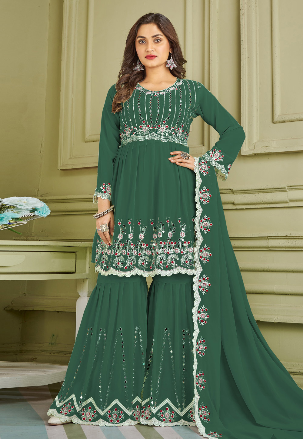 Green Faux Georgette Readymade Sharara Suit 247370