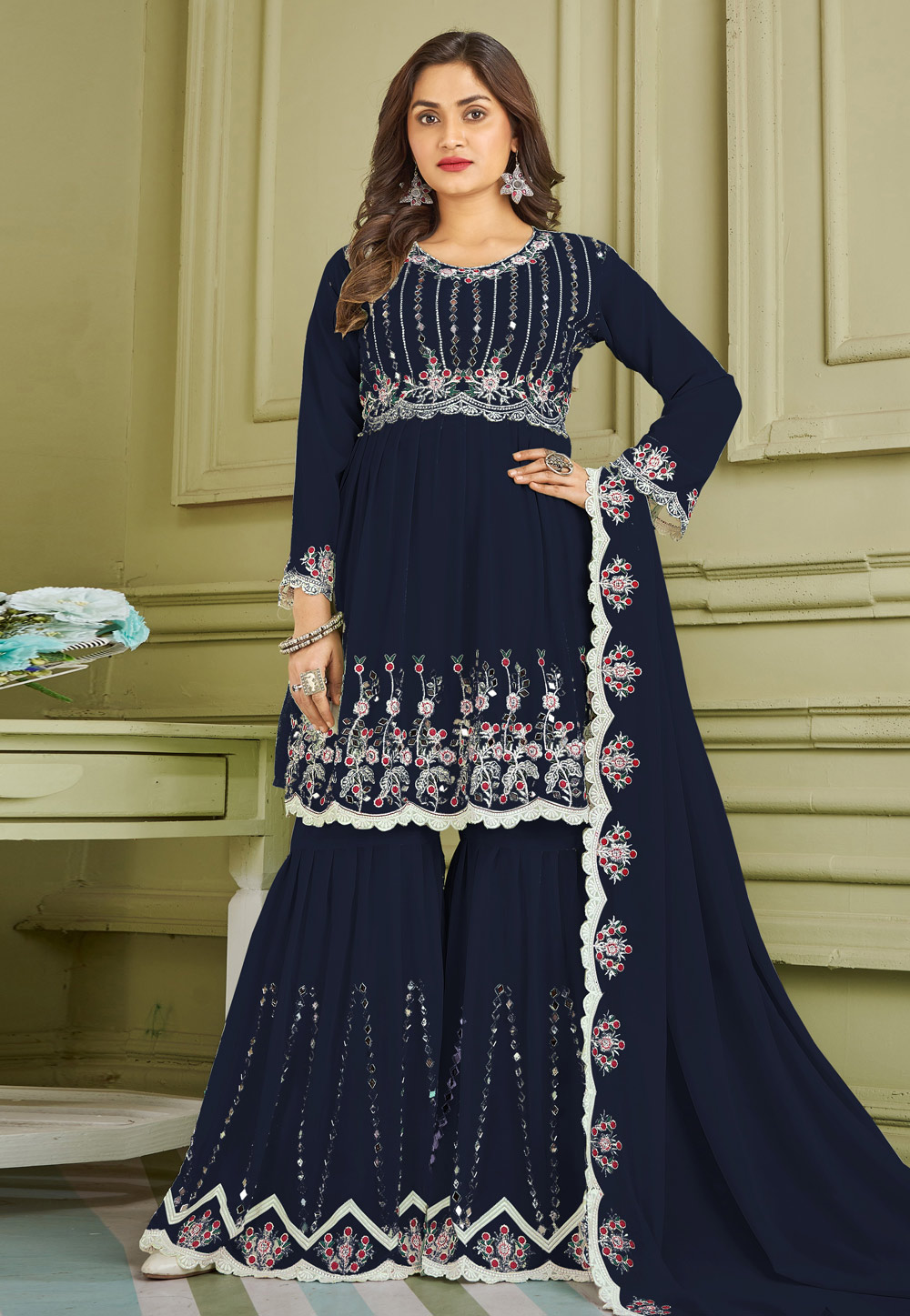 Navy Blue Faux Georgette Readymade Sharara Suit 247371
