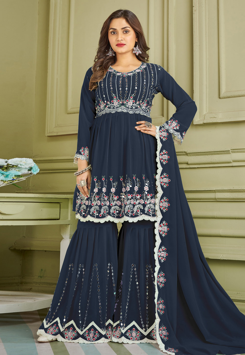Grey Faux Georgette Readymade Sharara Suit 247372