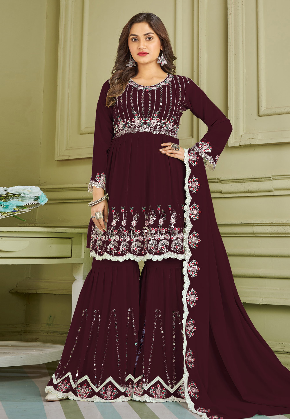 Maroon Faux Georgette Readymade Sharara Suit 247373