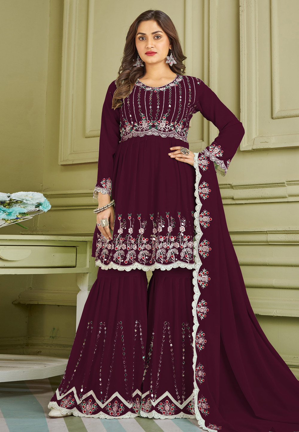Wine Faux Georgette Readymade Sharara Suit 247374