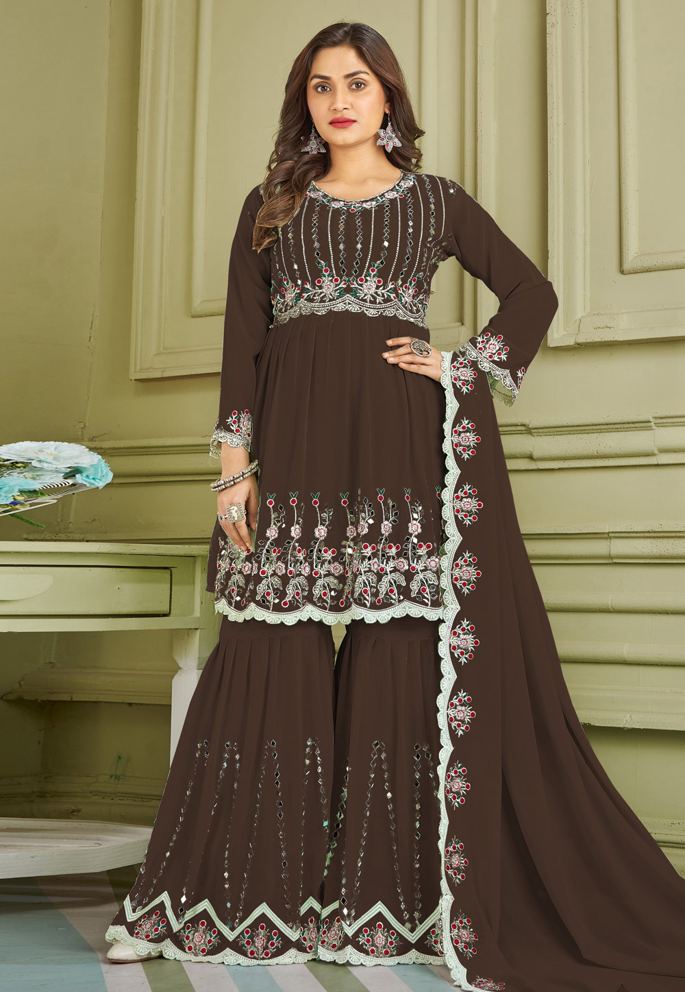 Brown Faux Georgette Readymade Sharara Suit 247375