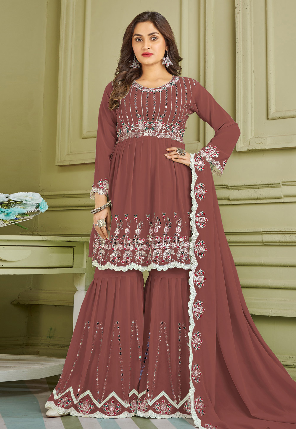 Rust Faux Georgette Readymade Sharara Suit 247376