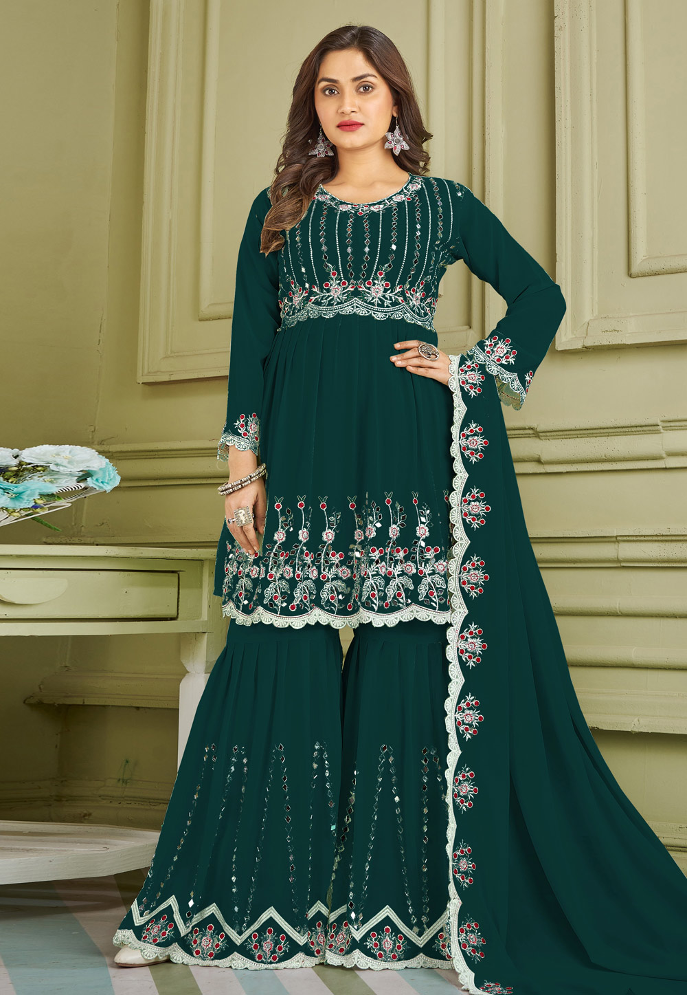 Green Faux Georgette Readymade Sharara Suit 247377
