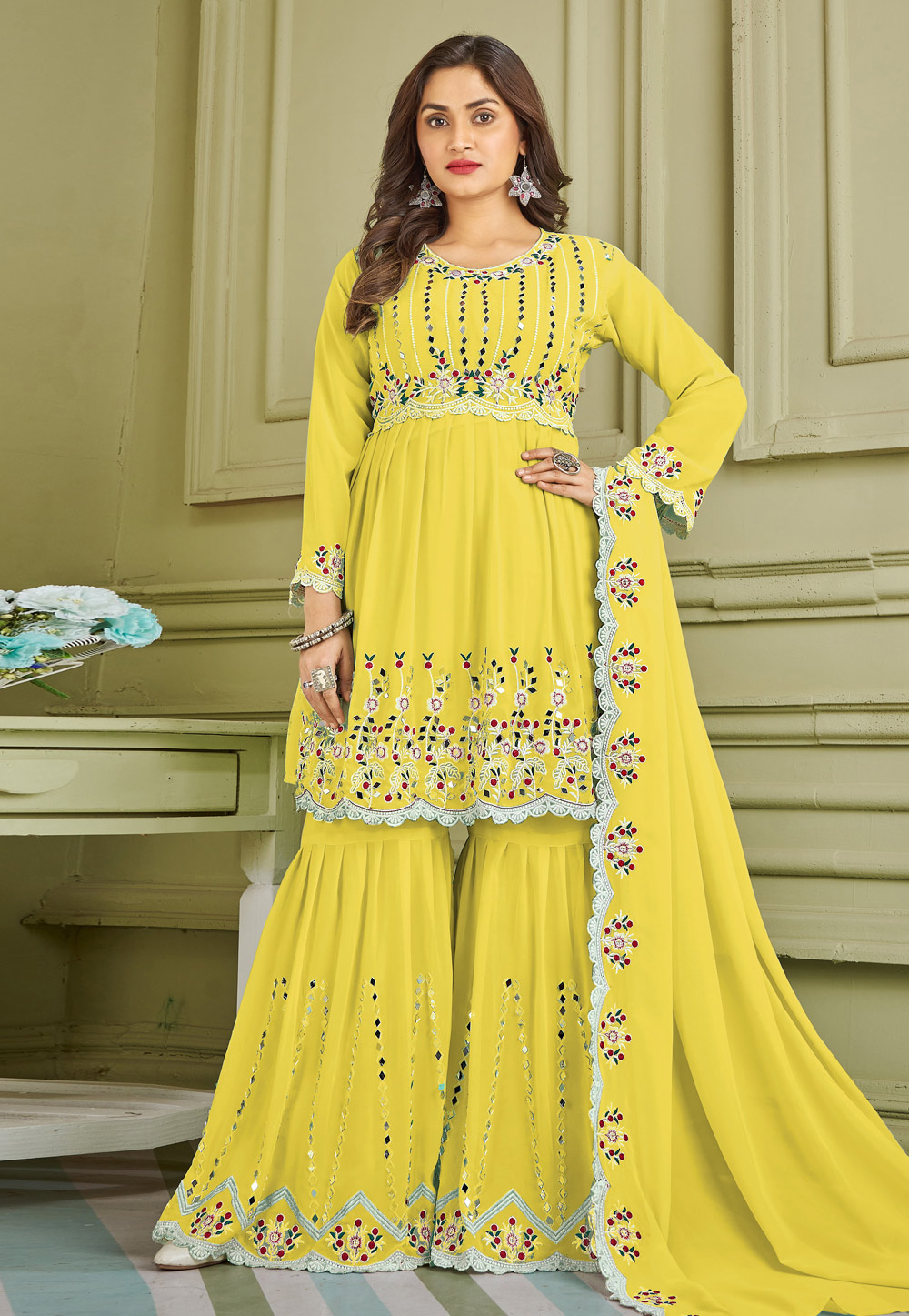 Yellow Faux Georgette Readymade Sharara Suit 247378