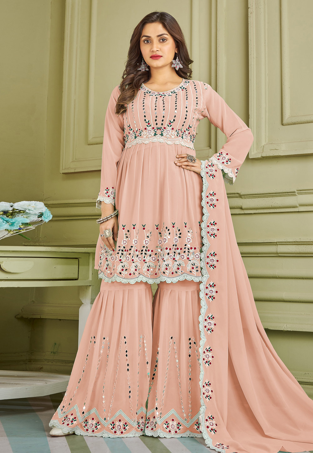 Pink Faux Georgette Readymade Sharara Suit 247379
