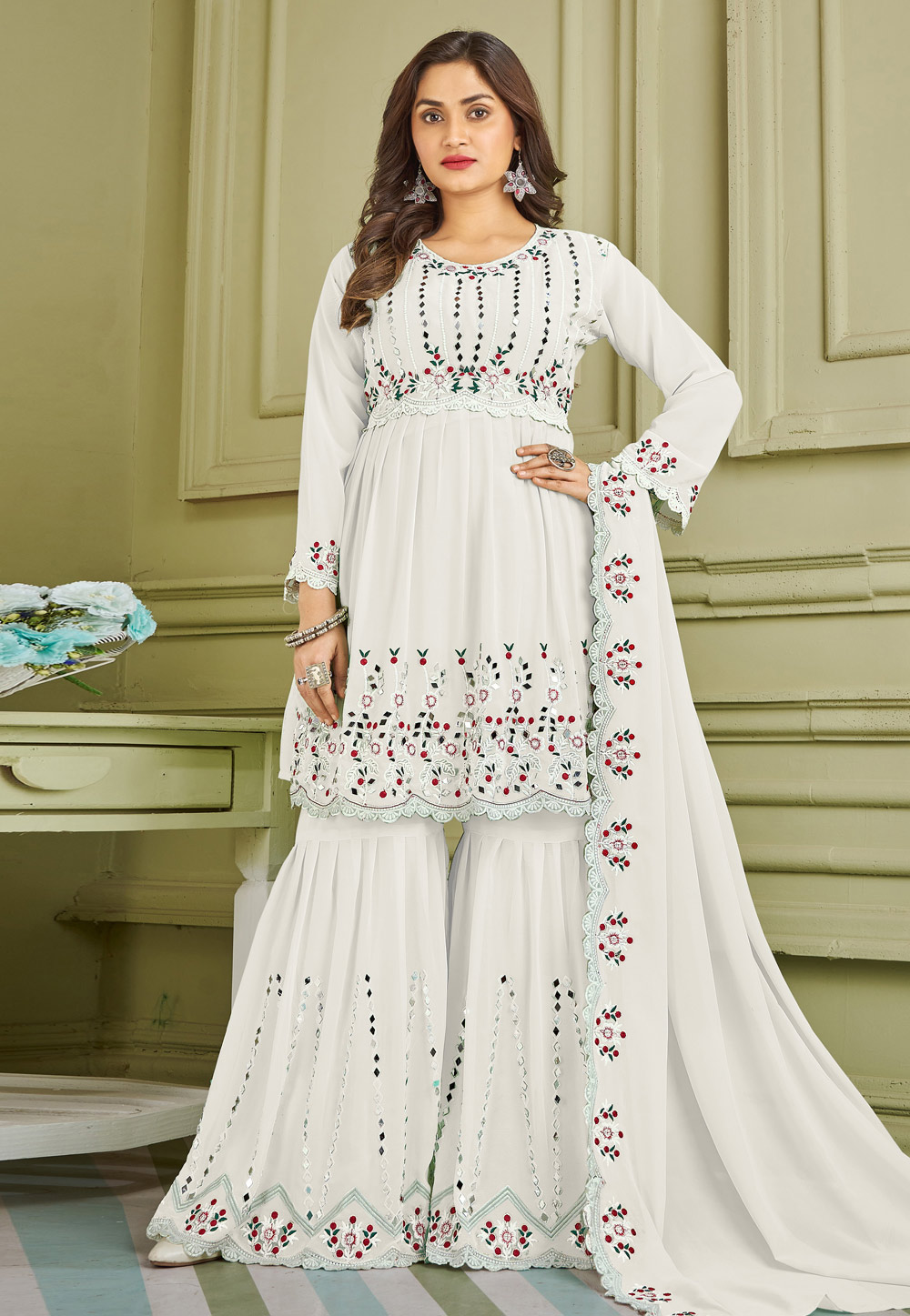 White Faux Georgette Readymade Sharara Suit 247381
