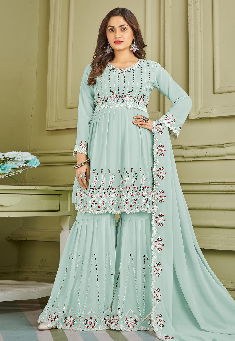 Sky Blue Faux Georgette Readymade Sharara Suit 247382