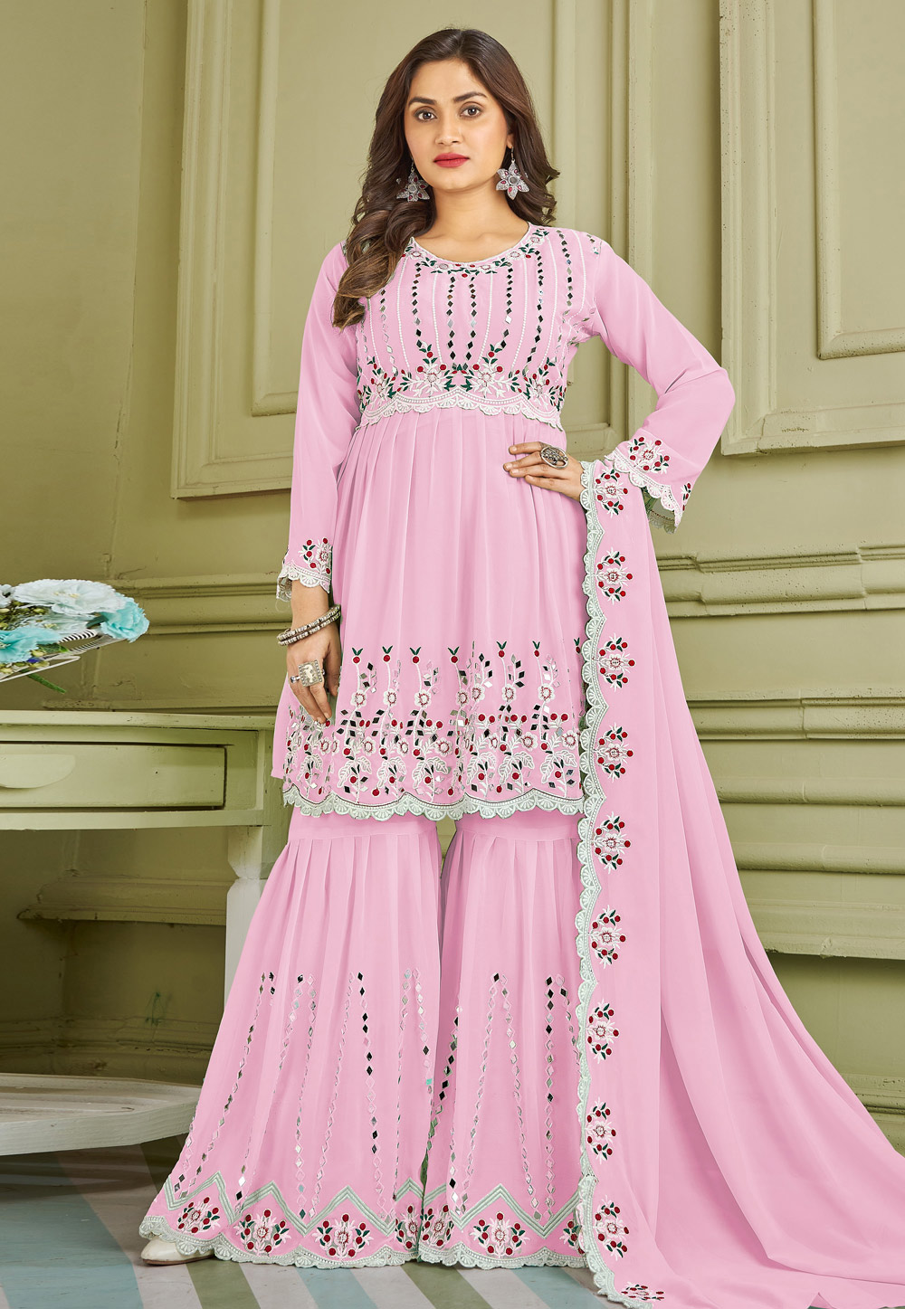 Pink Faux Georgette Readymade Sharara Suit 247383