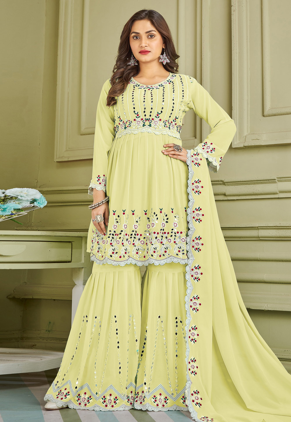 Yellow Faux Georgette Readymade Sharara Suit 247384