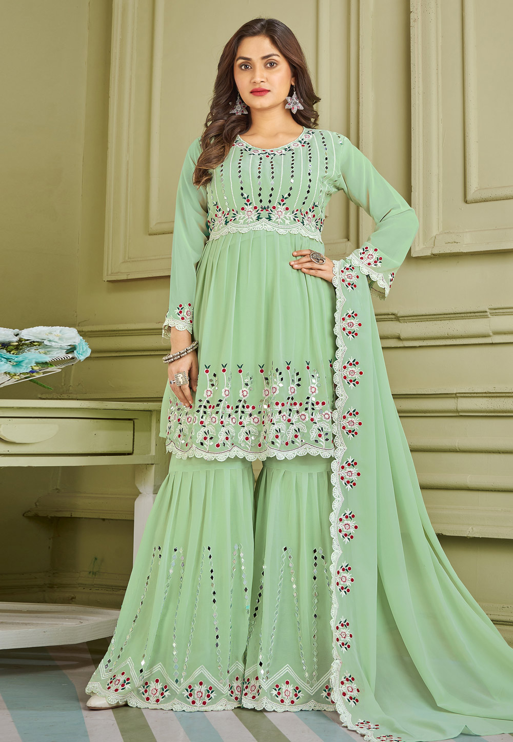 Pista Green Faux Georgette Readymade Sharara Suit 247385