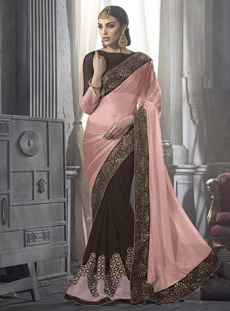 Pink Georgette Half and Half Saree With Blouse 70966