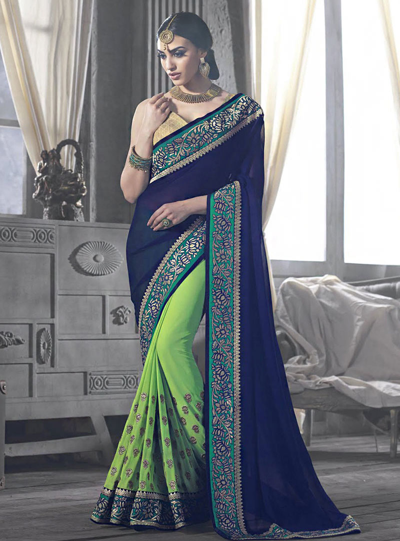 Navy Blue Georgette Half and Half Saree With Blouse 70977
