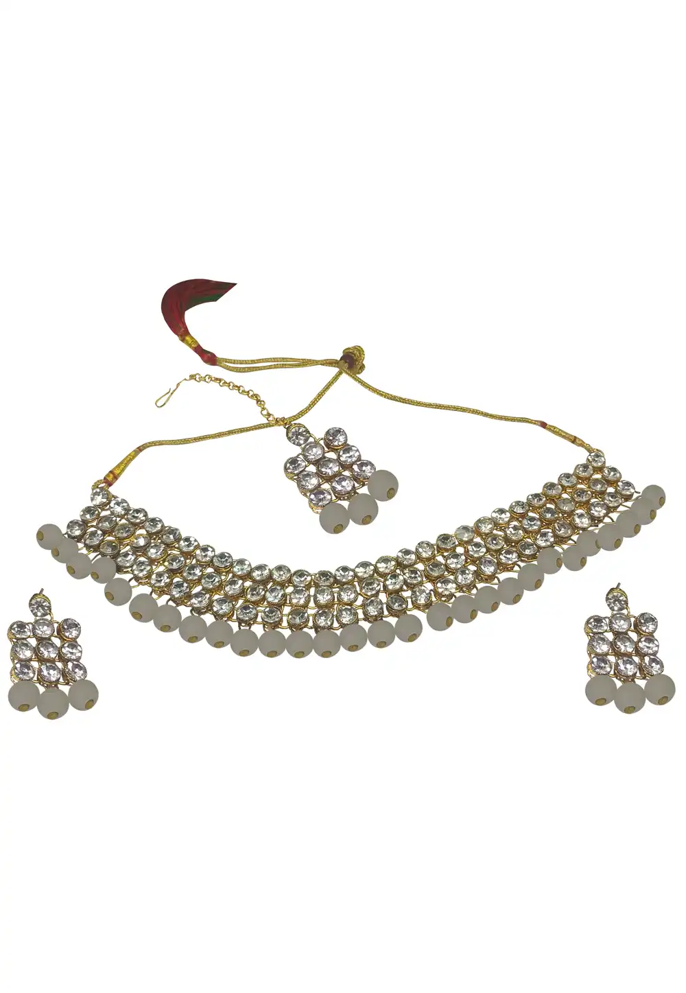Off White Alloy Austrian Diamonds and Kundan Necklace Set With Earrings and Maang Tikka 289936