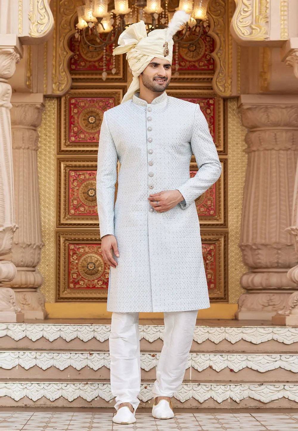 Off White Art Silk Achkan Style Sherwani 304323