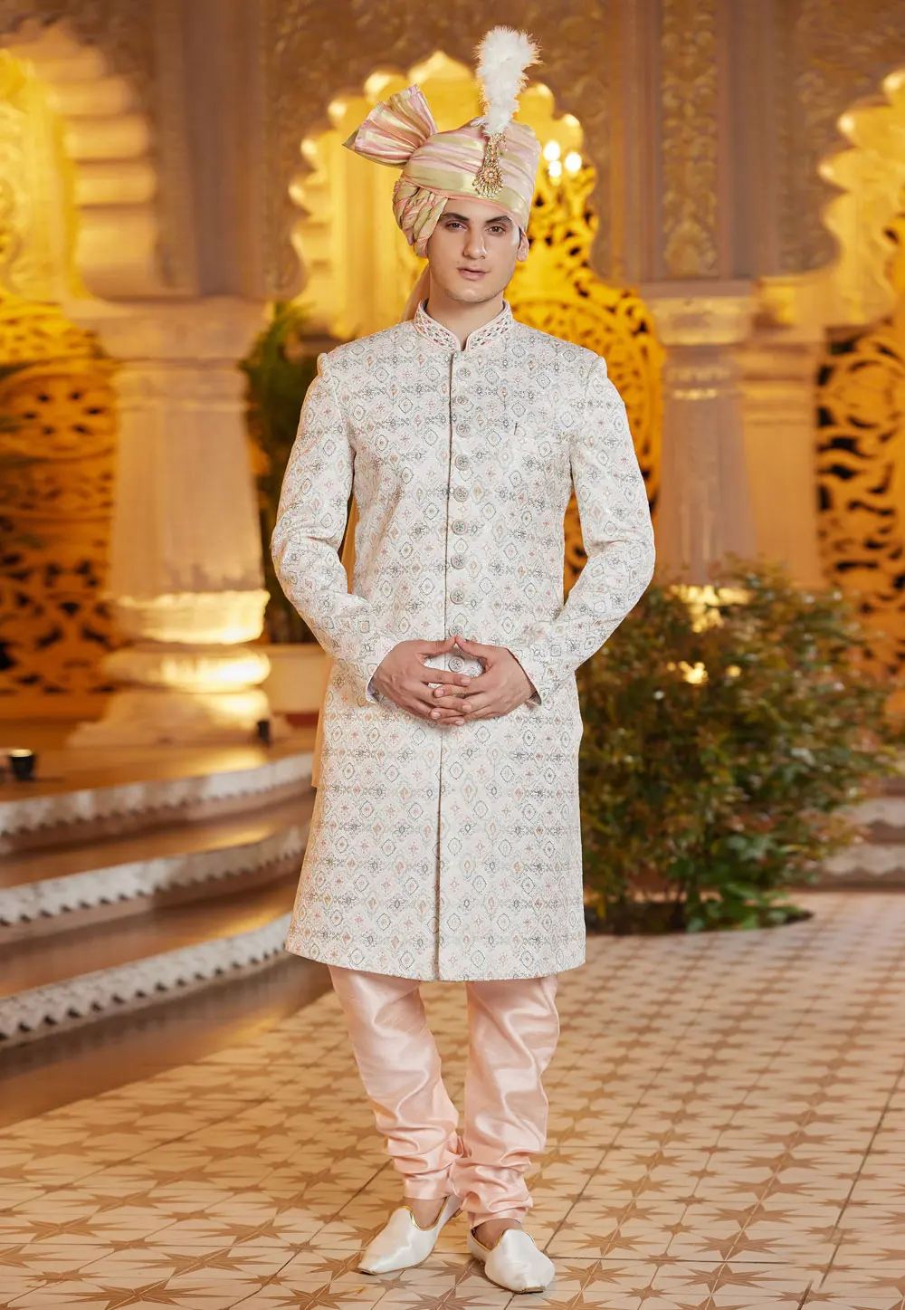 Off White Art Silk Achkan Style Sherwani 304332