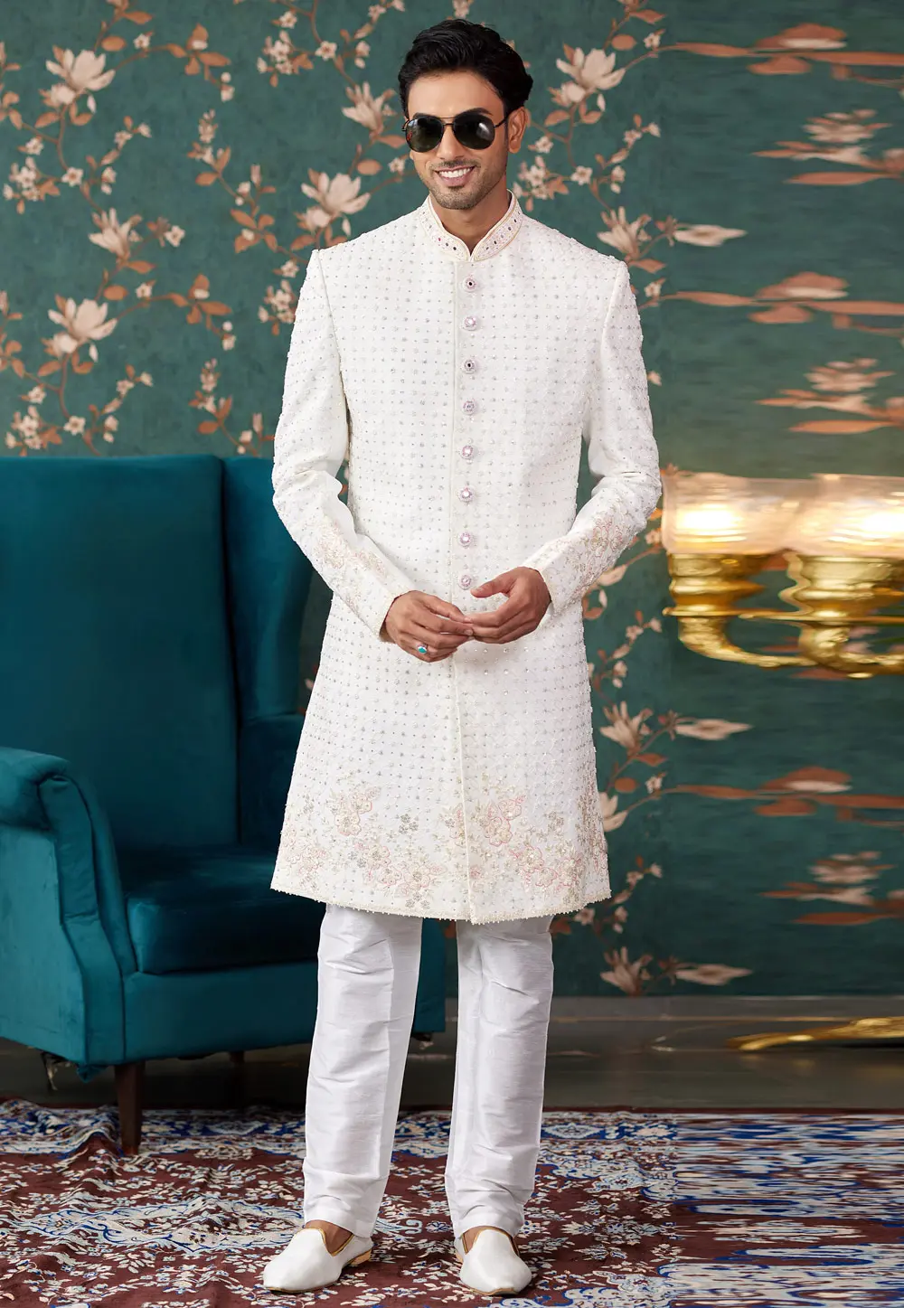 Off White Art Silk Achkan Style Sherwani 299197