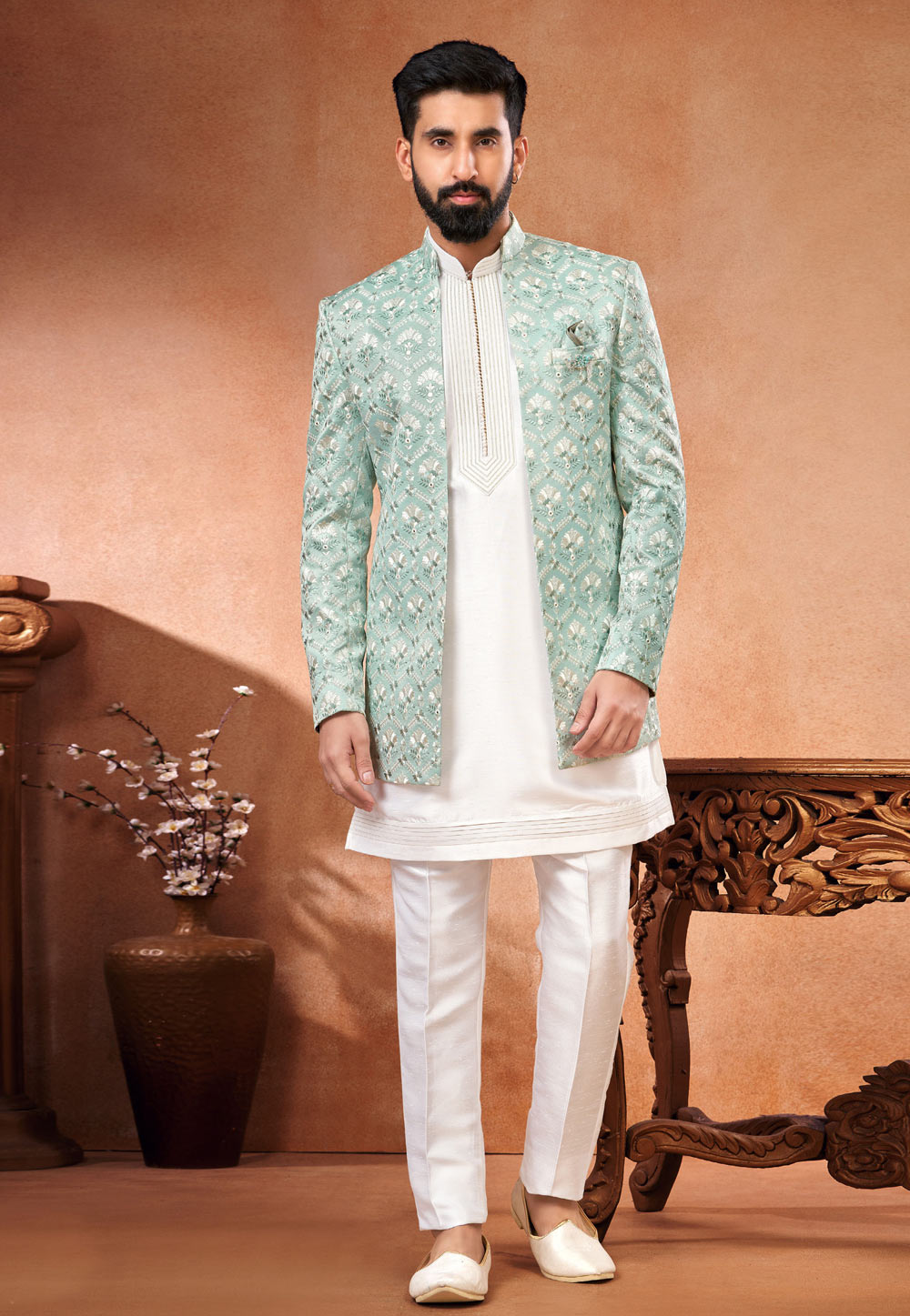 Off White Art Silk Indo Western Suit 280264