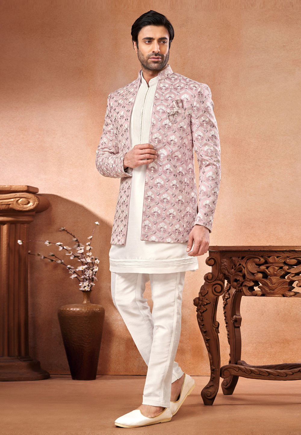 Off White Art Silk Indo Western Suit 280265