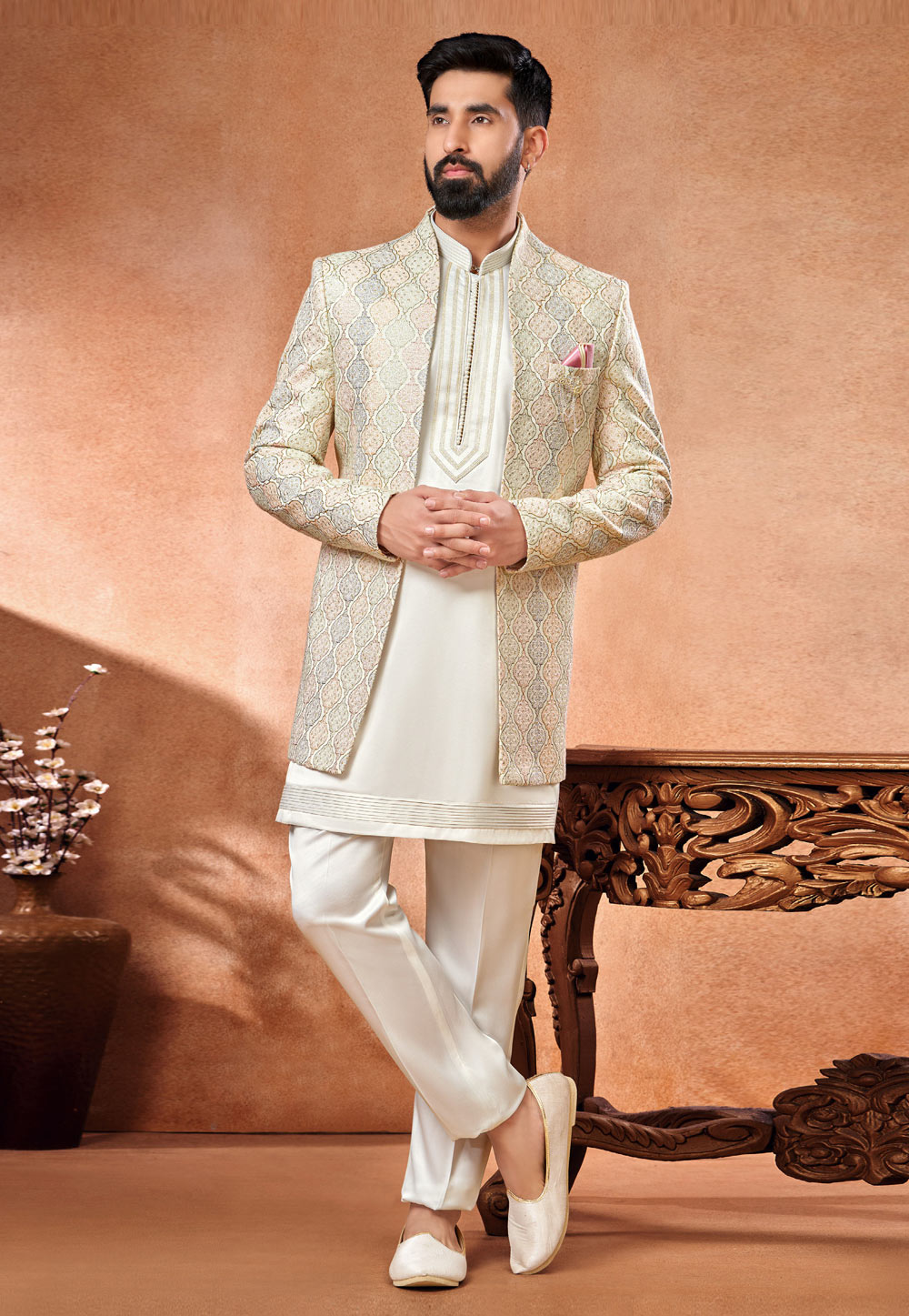 Off White Art Silk Indo Western Suit 280274