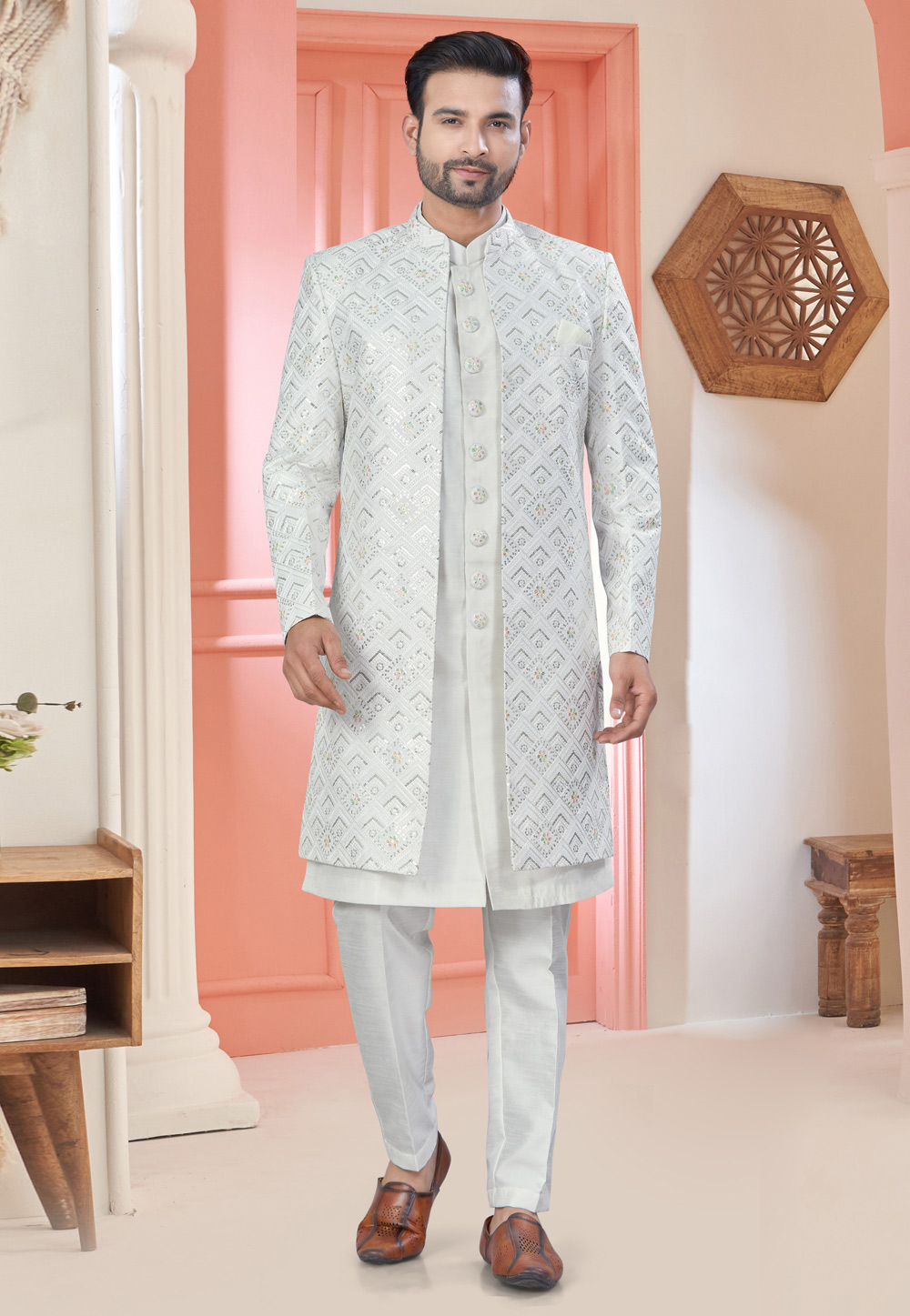 Off White Art Silk Jacket Style Sherwani 304925