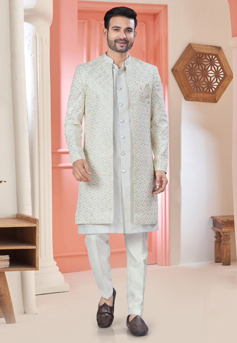 Off White Art Silk Jacket Style Sherwani 304931